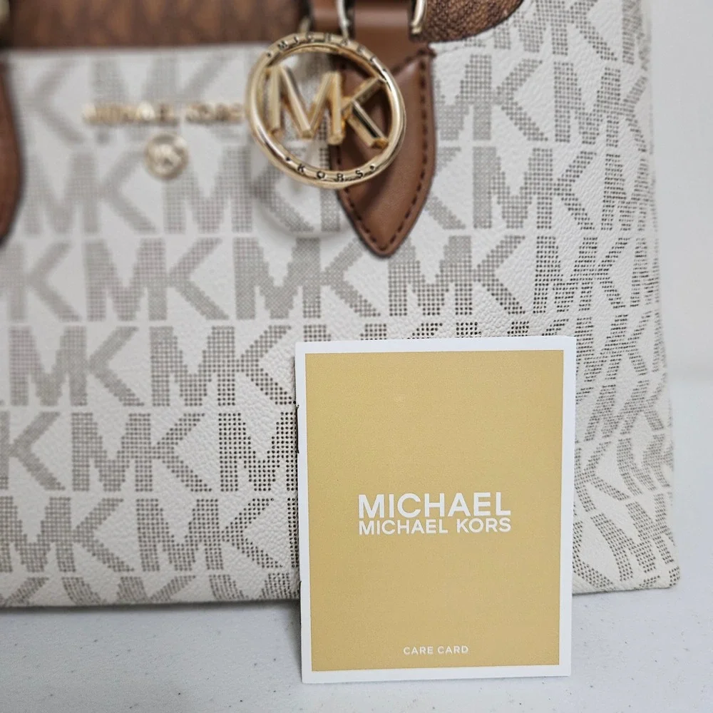 Michael Kors Austen Satchel Medium Vanilla Acorn Monogram Logo Designer Handbag*